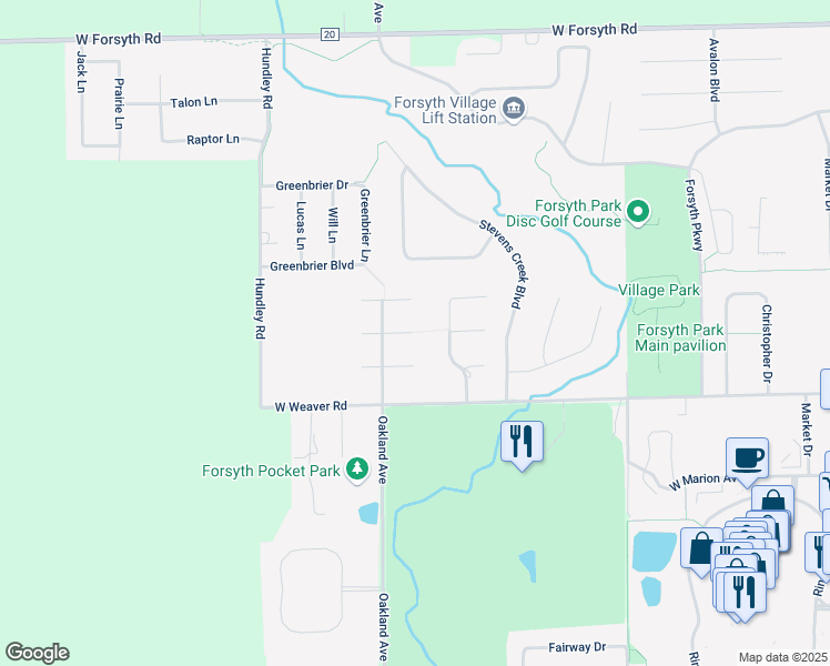 map of restaurants, bars, coffee shops, grocery stores, and more near Schroll Drive in Forsyth