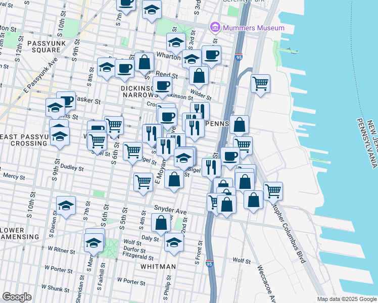 map of restaurants, bars, coffee shops, grocery stores, and more near 1734 South 2nd Street in Philadelphia
