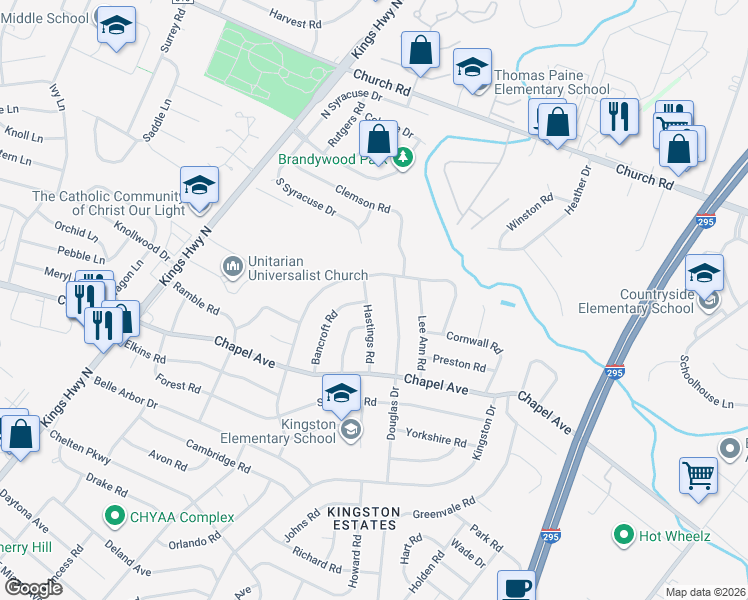 map of restaurants, bars, coffee shops, grocery stores, and more near 501 Bancroft Road in Cherry Hill