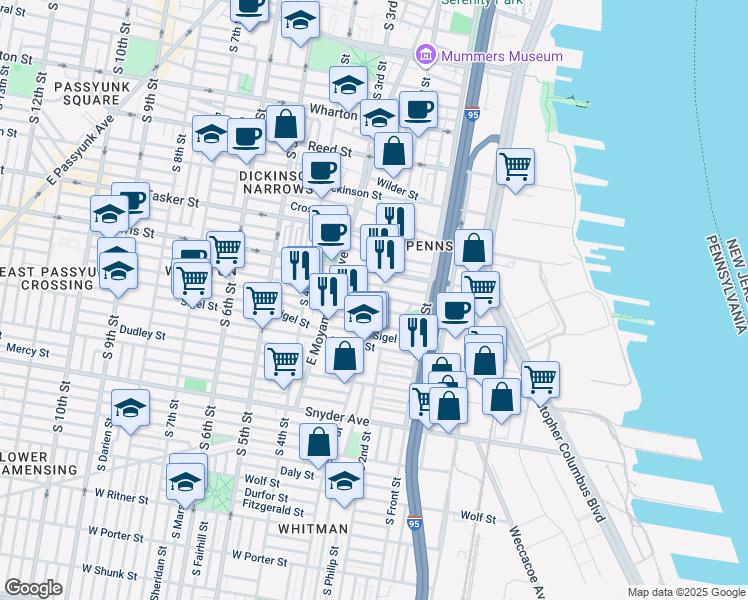 map of restaurants, bars, coffee shops, grocery stores, and more near 1734 South 2nd Street in Philadelphia