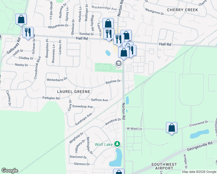 map of restaurants, bars, coffee shops, grocery stores, and more near 1285 Peppercorn Drive in Galloway