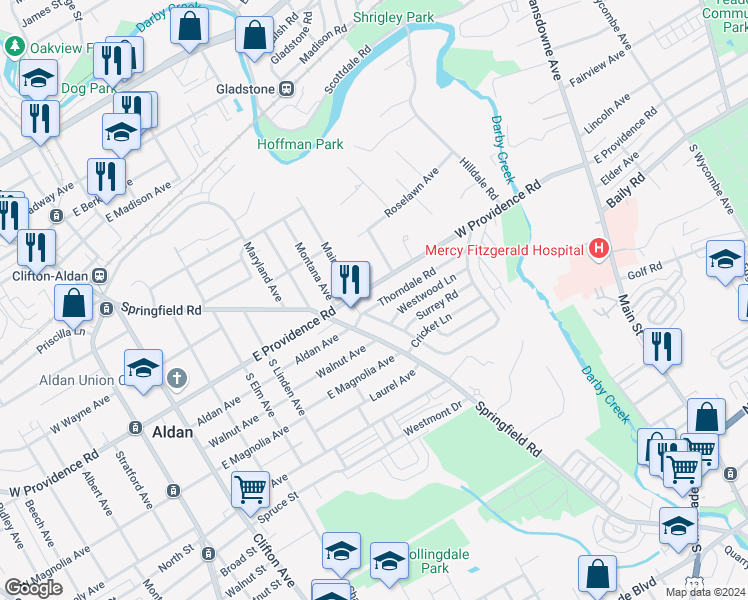 map of restaurants, bars, coffee shops, grocery stores, and more near 717 Thorndale Road in Aldan