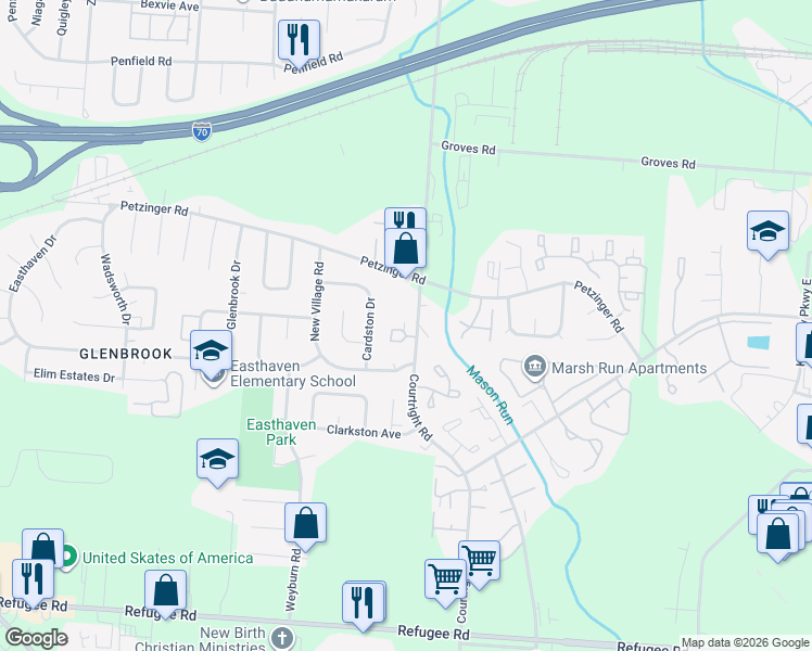 map of restaurants, bars, coffee shops, grocery stores, and more near 3472 Courtright Lane in Columbus