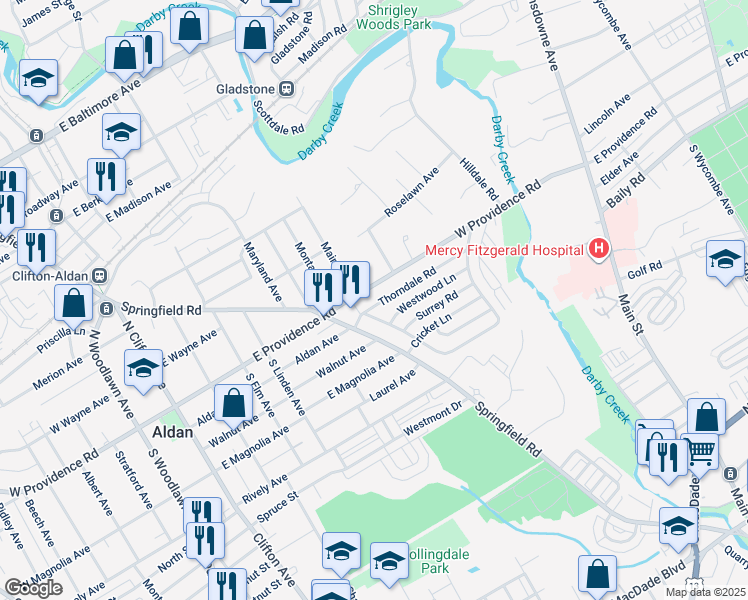 map of restaurants, bars, coffee shops, grocery stores, and more near 717 Thorndale Road in Aldan