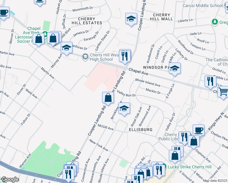 map of restaurants, bars, coffee shops, grocery stores, and more near 495 Cooper Landing Road in Cherry Hill