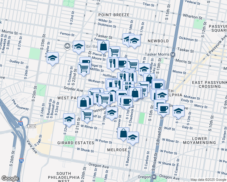 map of restaurants, bars, coffee shops, grocery stores, and more near 2033 Dorrance Street in Philadelphia