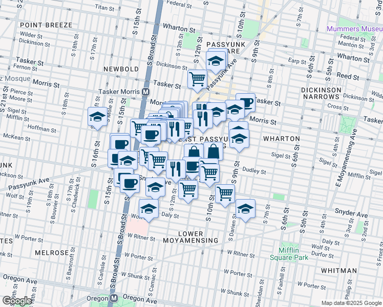 map of restaurants, bars, coffee shops, grocery stores, and more near 1927 South Sartain Street in Philadelphia