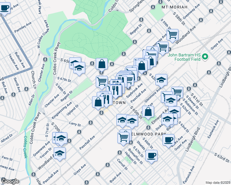 map of restaurants, bars, coffee shops, grocery stores, and more near 2136 South 65th Street in Philadelphia