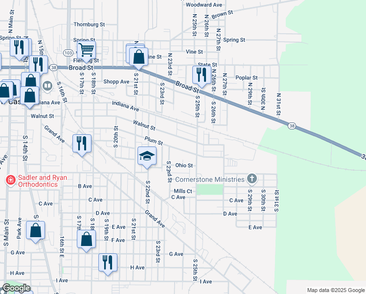 map of restaurants, bars, coffee shops, grocery stores, and more near 2430 Plum Street in New Castle