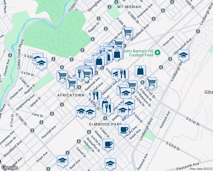 map of restaurants, bars, coffee shops, grocery stores, and more near 2322 South 63rd Street in Philadelphia