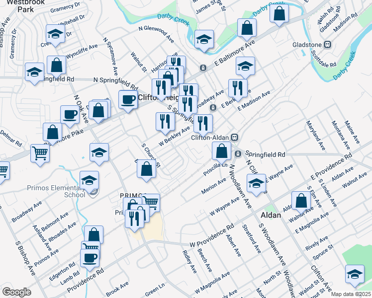 map of restaurants, bars, coffee shops, grocery stores, and more near 500 Chester Avenue in Clifton Heights