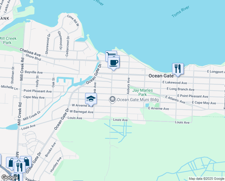 map of restaurants, bars, coffee shops, grocery stores, and more near 32 East Point Pleasant Avenue in Ocean Gate