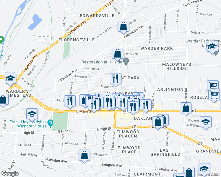 map of restaurants, bars, coffee shops, grocery stores, and more near 1833 Morgan Street in Springfield