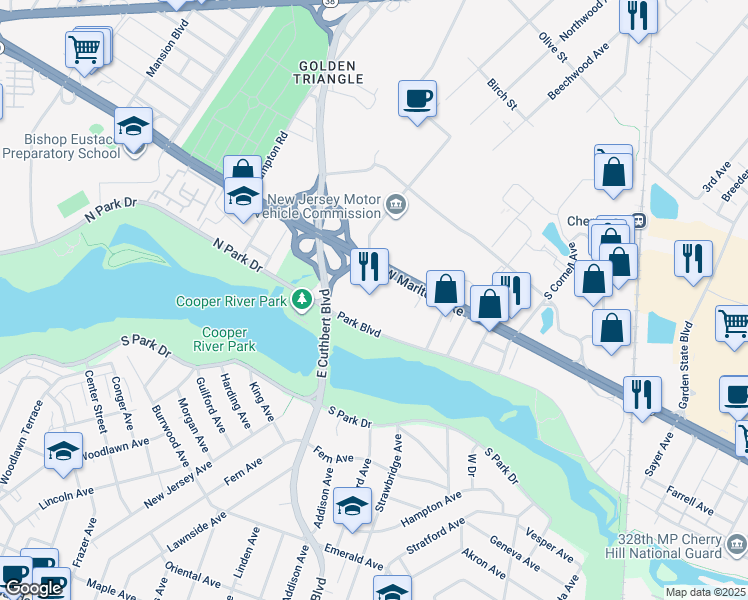 map of restaurants, bars, coffee shops, grocery stores, and more near 2349 Route 70 West in Cherry Hill