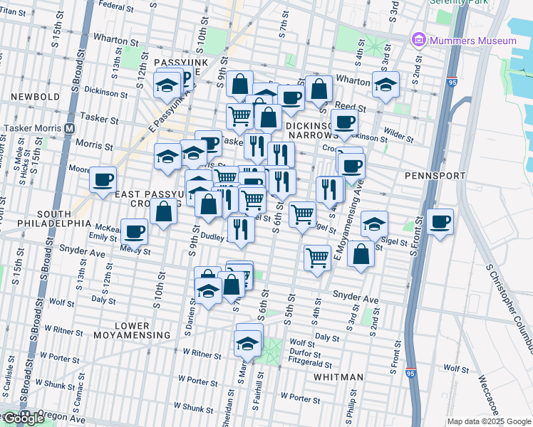 map of restaurants, bars, coffee shops, grocery stores, and more near 624 McClellan Street in Philadelphia
