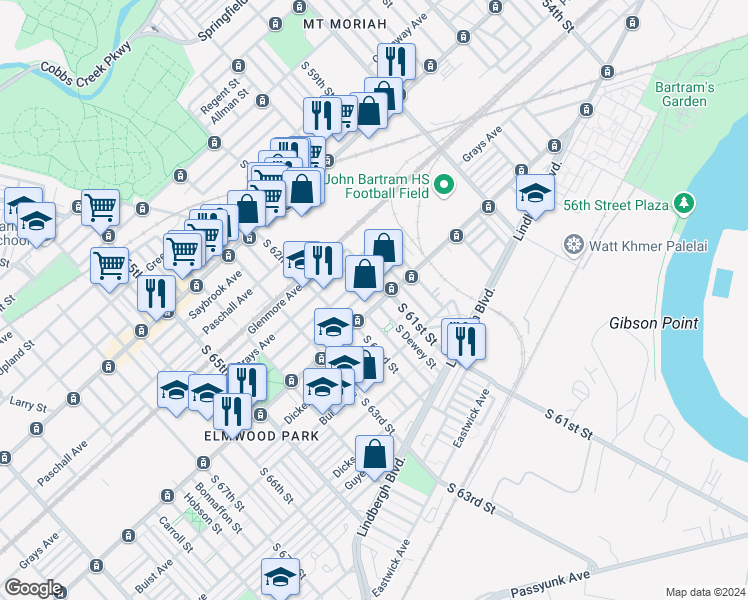 map of restaurants, bars, coffee shops, grocery stores, and more near 6119 Elmwood Avenue in Philadelphia
