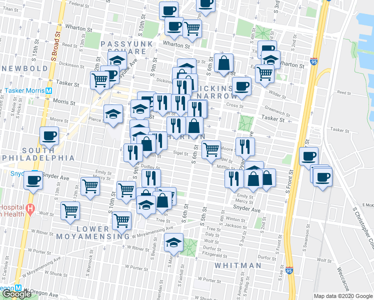 map of restaurants, bars, coffee shops, grocery stores, and more near 624 McClellan Street in Philadelphia