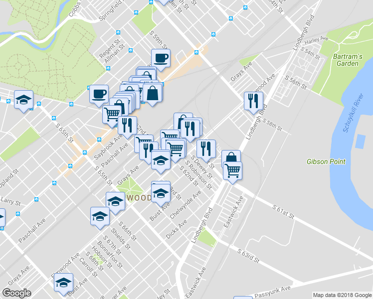 map of restaurants, bars, coffee shops, grocery stores, and more near 6119 Elmwood Avenue in Philadelphia