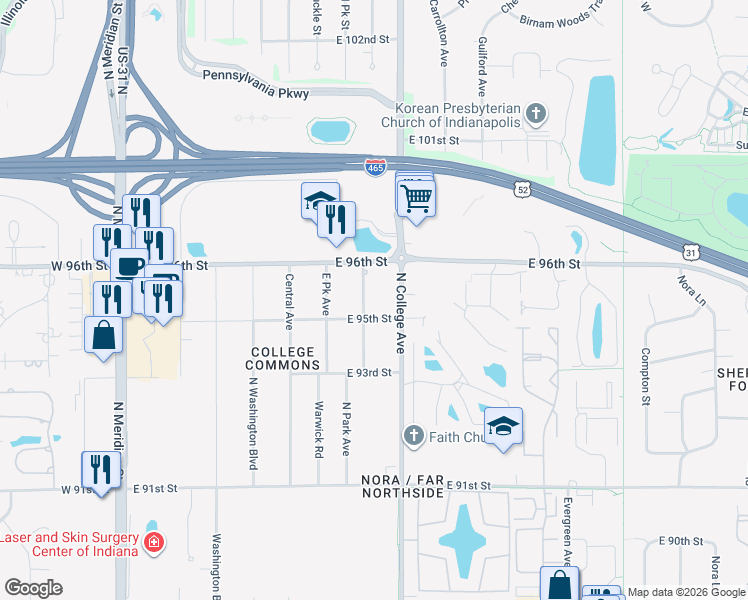 map of restaurants, bars, coffee shops, grocery stores, and more near 9502 North College Avenue in Indianapolis