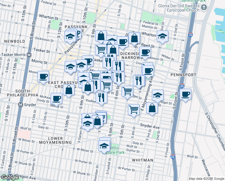 map of restaurants, bars, coffee shops, grocery stores, and more near 1826 South 6th Street in Philadelphia