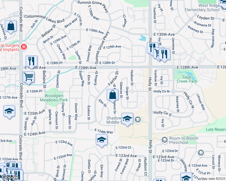 map of restaurants, bars, coffee shops, grocery stores, and more near 12720 Forest Street in Thornton
