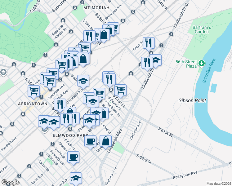map of restaurants, bars, coffee shops, grocery stores, and more near 2544 South Millick Street in Philadelphia