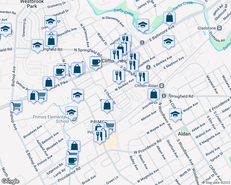 map of restaurants, bars, coffee shops, grocery stores, and more near 134 West Berkley Avenue in Clifton Heights