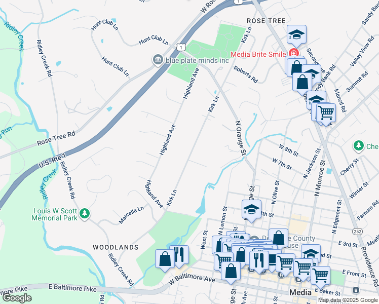 map of restaurants, bars, coffee shops, grocery stores, and more near 361 Kirk Lane in Media