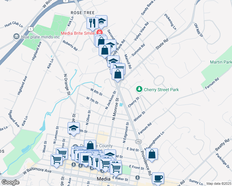 map of restaurants, bars, coffee shops, grocery stores, and more near 831 North Jackson Street in Media