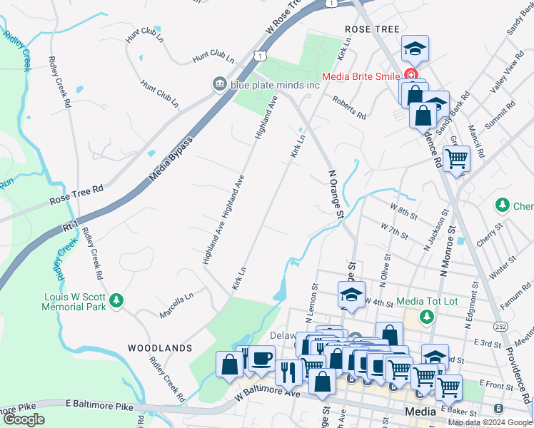 map of restaurants, bars, coffee shops, grocery stores, and more near 361 Kirk Lane in Media