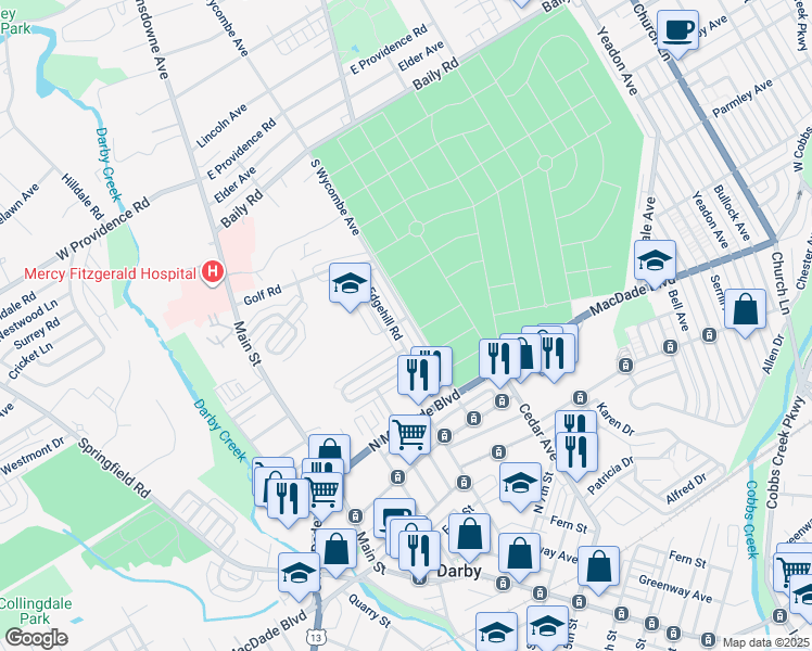 map of restaurants, bars, coffee shops, grocery stores, and more near 1250 Wycombe Avenue in Darby