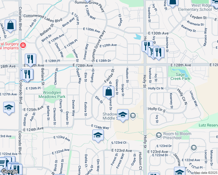 map of restaurants, bars, coffee shops, grocery stores, and more near 12720 Forest Street in Thornton