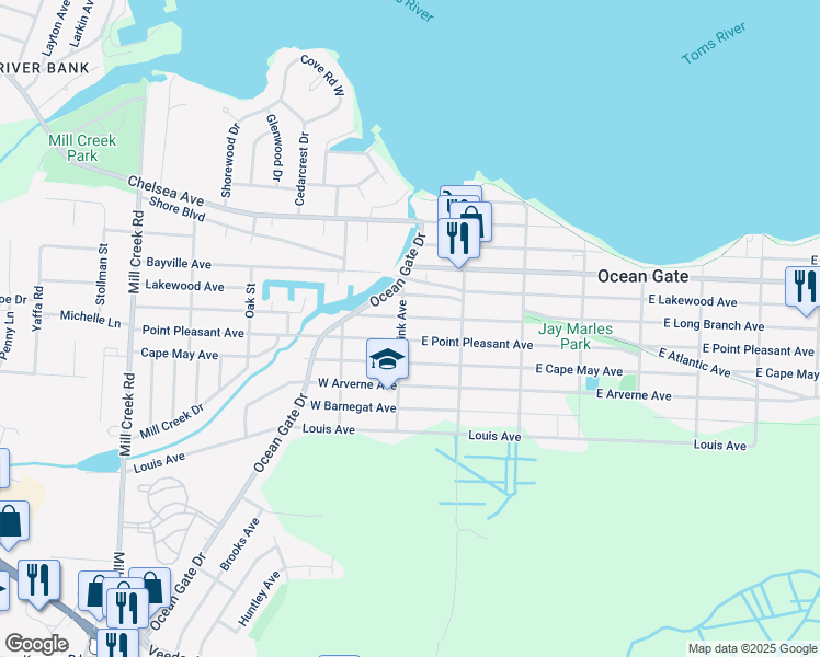 map of restaurants, bars, coffee shops, grocery stores, and more near 36 East Point Pleasant Avenue in Ocean Gate