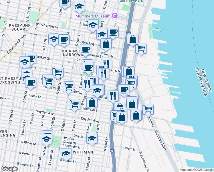 map of restaurants, bars, coffee shops, grocery stores, and more near 127 South Howard Street in Philadelphia
