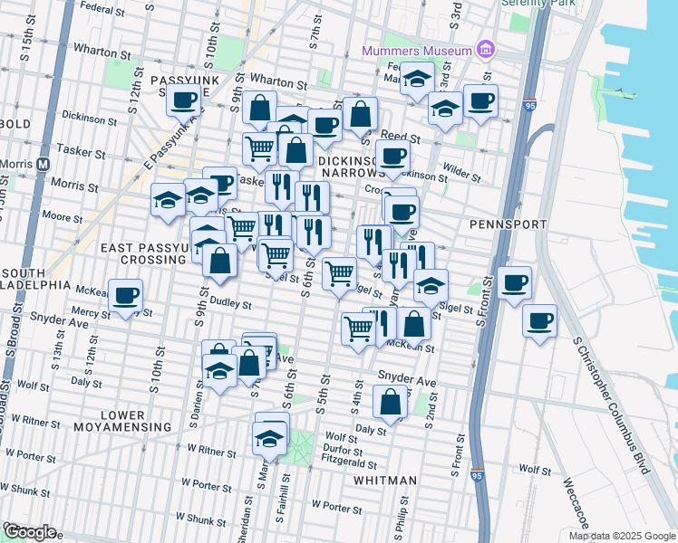 map of restaurants, bars, coffee shops, grocery stores, and more near 1820 South 5th Street in Philadelphia