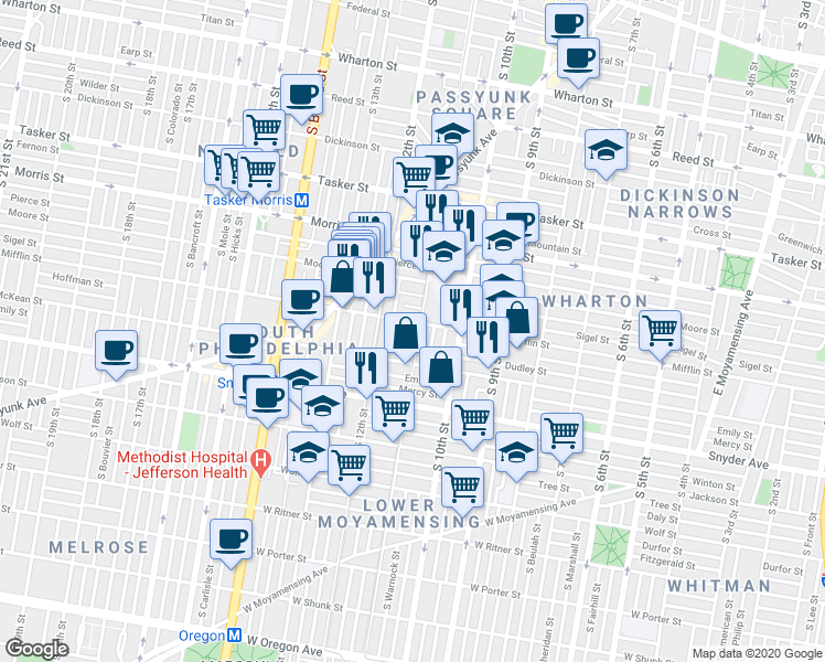 map of restaurants, bars, coffee shops, grocery stores, and more near 1918 South Warnock Street in Philadelphia