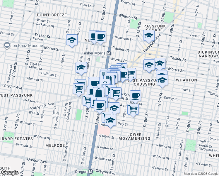 map of restaurants, bars, coffee shops, grocery stores, and more near 1323 McKean Street in Philadelphia
