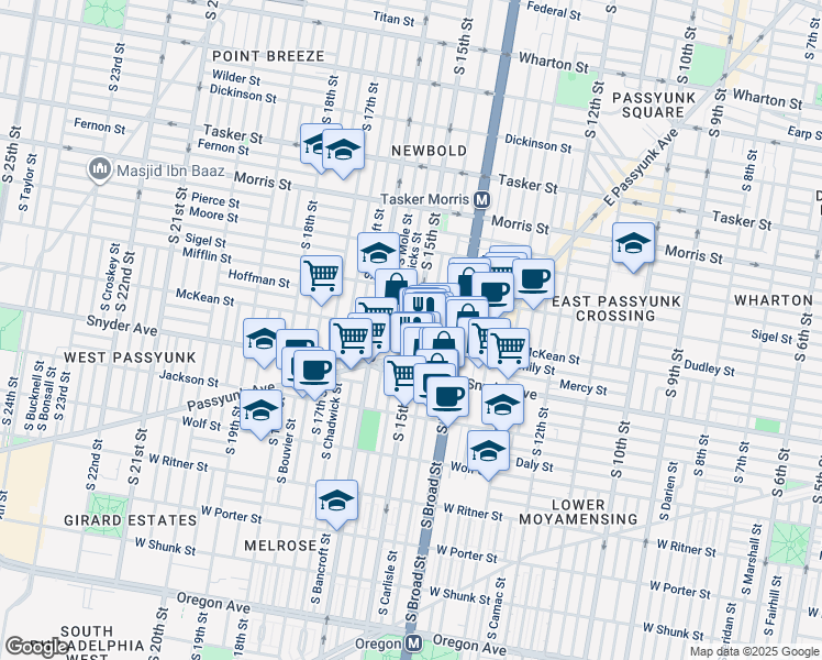 map of restaurants, bars, coffee shops, grocery stores, and more near 2009 South 15th Street in Philadelphia