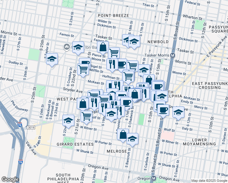 map of restaurants, bars, coffee shops, grocery stores, and more near 2051 South Dorrance Street in Philadelphia
