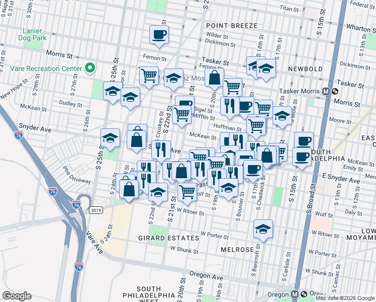 map of restaurants, bars, coffee shops, grocery stores, and more near 2104 South Woodstock Street in Philadelphia
