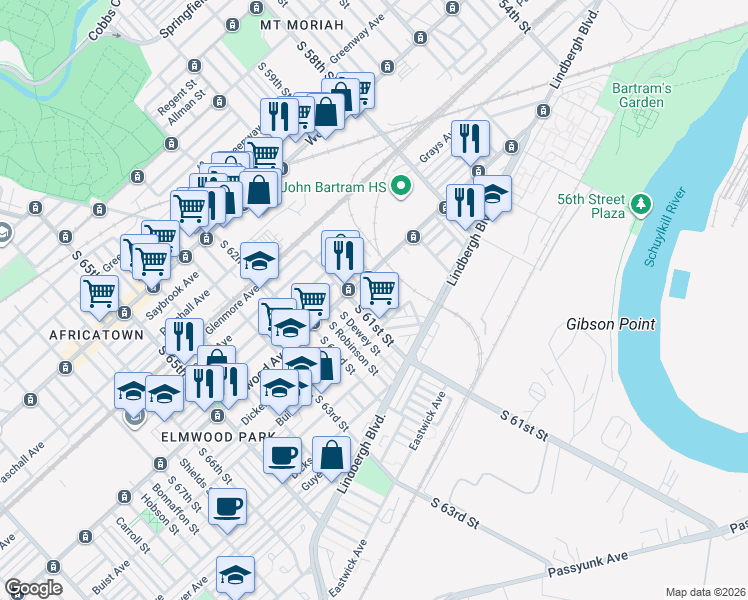 map of restaurants, bars, coffee shops, grocery stores, and more near 2544 South Millick Street in Philadelphia
