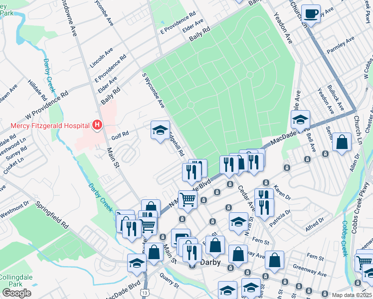 map of restaurants, bars, coffee shops, grocery stores, and more near 1250 Wycombe Avenue in Darby