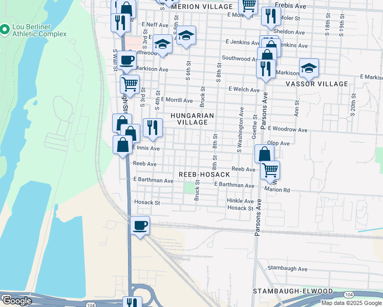 map of restaurants, bars, coffee shops, grocery stores, and more near 1810 South 6th Street in Columbus