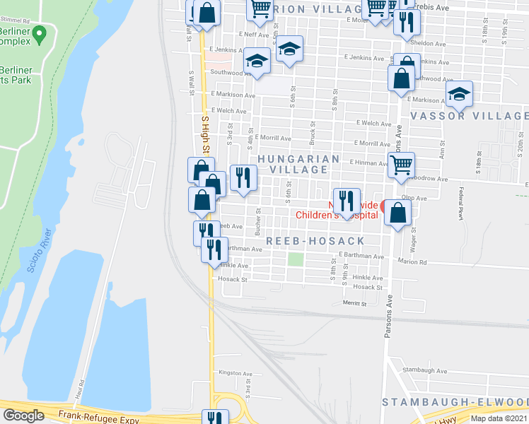 map of restaurants, bars, coffee shops, grocery stores, and more near 1807 South 5th Street in Columbus