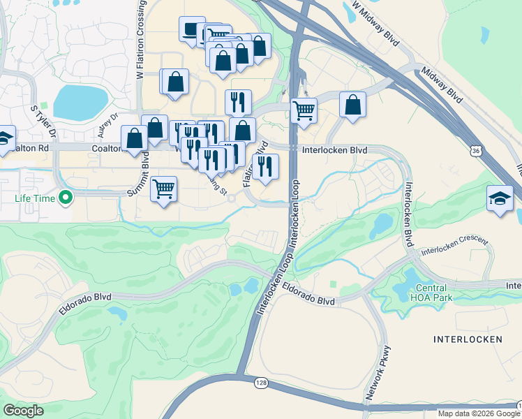 map of restaurants, bars, coffee shops, grocery stores, and more near 480 Flatiron Boulevard in Broomfield