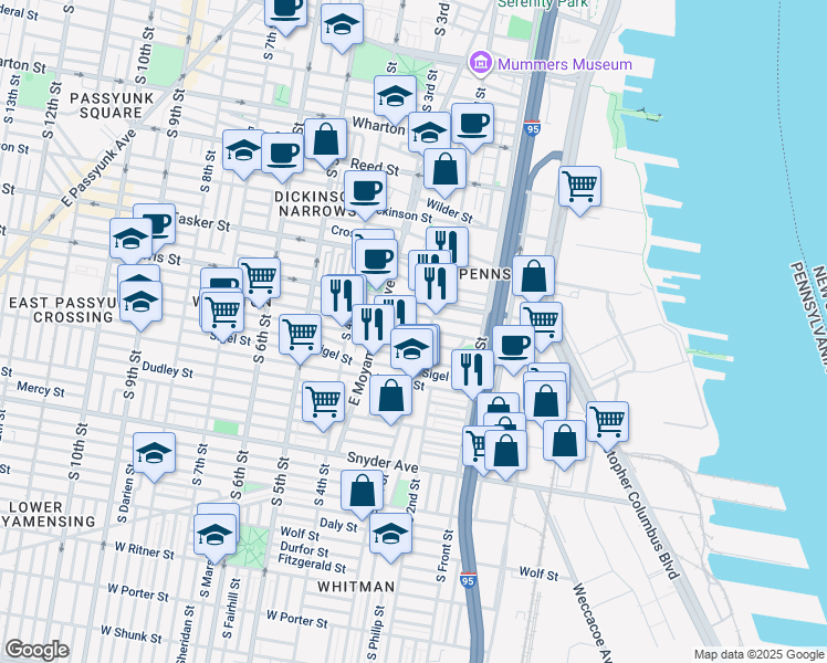 map of restaurants, bars, coffee shops, grocery stores, and more near 204 Pierce St in Philadelphia