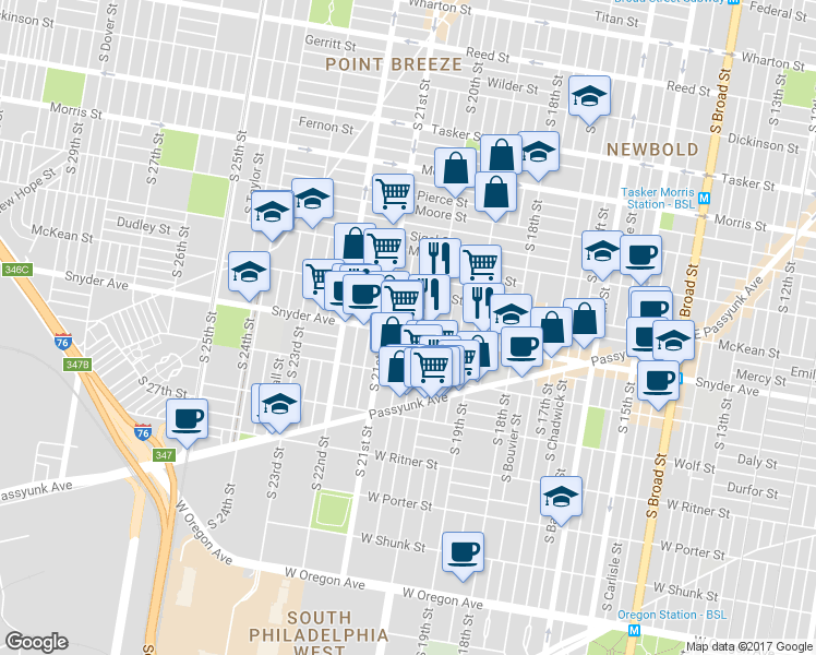 map of restaurants, bars, coffee shops, grocery stores, and more near 2035 Snyder Avenue in Philadelphia