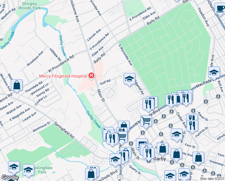 map of restaurants, bars, coffee shops, grocery stores, and more near 54 Branford Rd in Darby