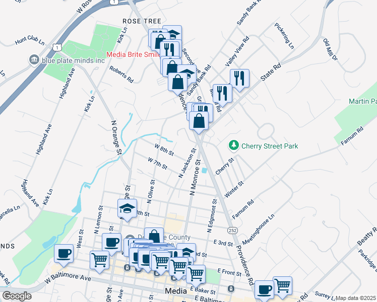 map of restaurants, bars, coffee shops, grocery stores, and more near 900 North Jackson Street in Media