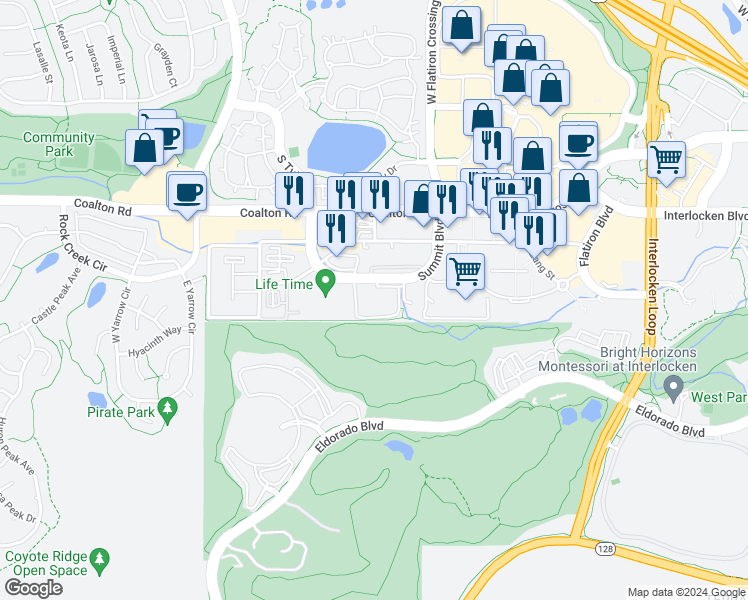 map of restaurants, bars, coffee shops, grocery stores, and more near 400 Summit Boulevard in Broomfield